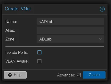 VNet create dialog