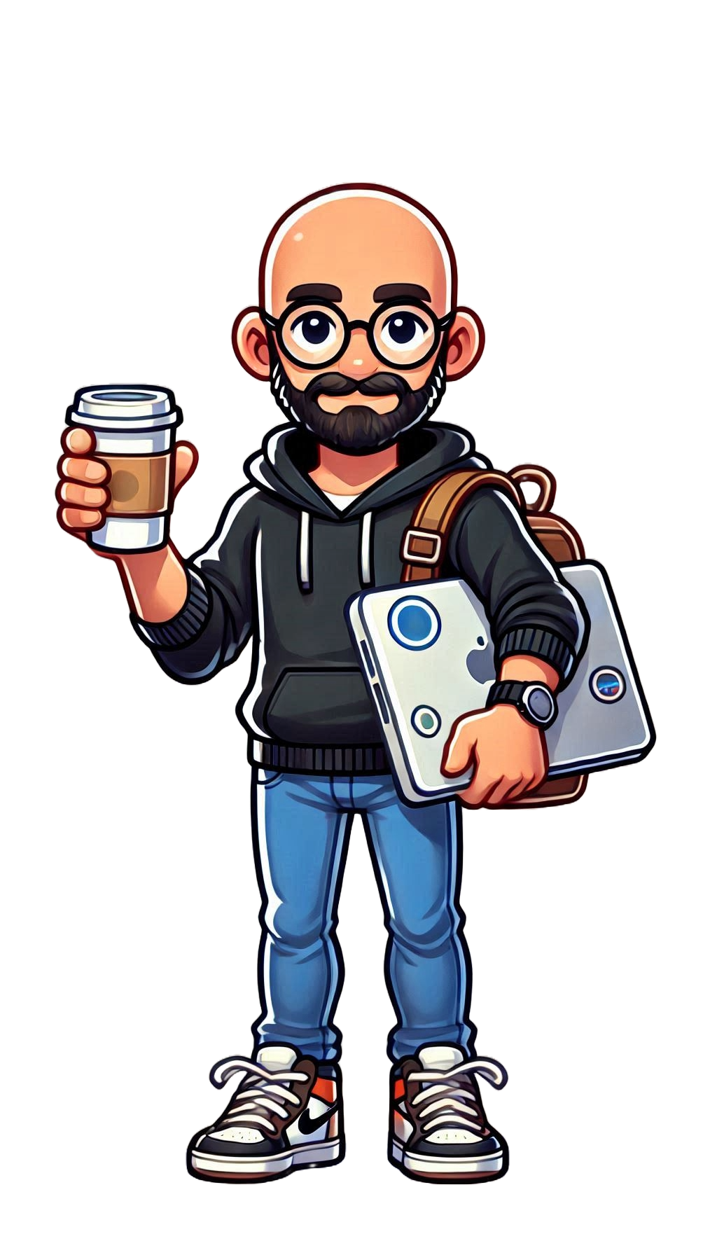 Illustration of Denis holding a coffee and a laptop